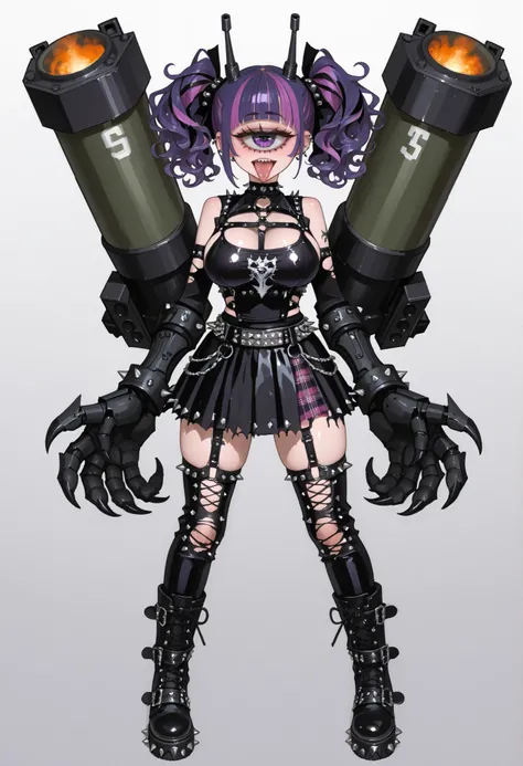 Punk fashion girl. Cyclops eyes. Purple hair. Short hair. Wavy hair. Twin tails. Two-tone bangs. Tongue sticking out. Torn outfit. Large breasts. Armored hands. Sharp claws. Large hands. Studded outfit. Long boots. Missile launcher. Gun turret. Parabolic a...