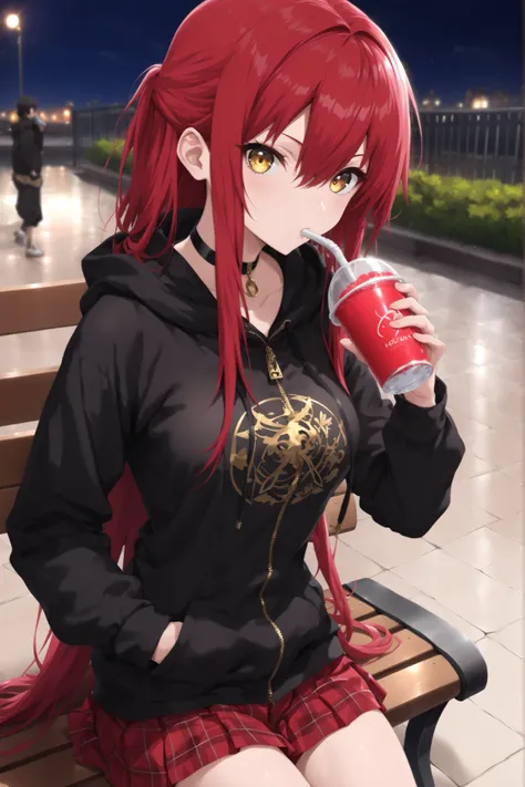 1 girl , golden eyes , very long hair , long sidelocks, red hair ,half updo, petite , very cute , beautiful ,Straight hair, cool, handsome, hair between eyes, sexy, medium breasts , drinking, print hoodie, black hoodie, hood down, black choker, zipper, lo...