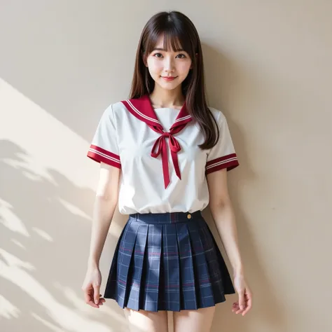 very detailed, 美しいlikeいアジア人女性の超写実的なデジタル写真, Ultra Clear Focus, She has long hair , Smooth brown hair with soft bangs, and her clear, radiant skin enhances warmth,  pleasant smile, (full body shot with mahiru:1.10), Her big, expressive eyes that naturally st...