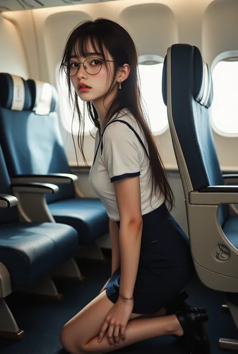 ((Highest Quality、masterpiece、high sensitivity、high resolution、detailed depiction、delicate face depiction、Ｆvalue：6.0),((Slender Woman、wearing glasses)),Asian-style cabin attendant、passenger seat you、 get down on one knee 、Looking upwards、Smile、