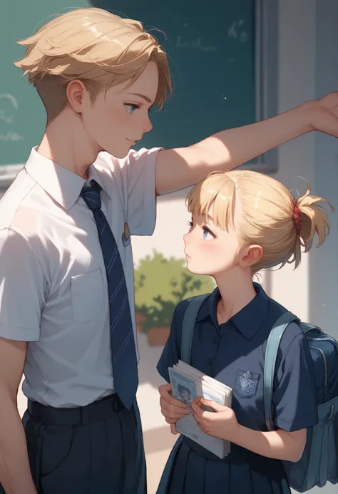girl, school clothes, blonde, very short hair, very short hairstyle, boy-like hairstyle