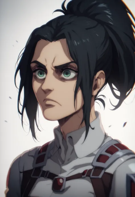 A girl character from attack on titans, long black hair, wavy ponytail, green eyes, gorgeous face. Soldier clothes, kind