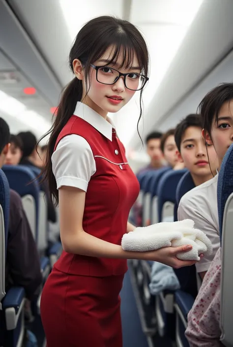 ((Highest Quality、masterpiece、high sensitivity、high resolution、detailed depiction、delicate facial depiction、Ｆvalue：6.0),((Slender Woman、wearing glasses)),アジアン航空のキャビンアテンダント、Asian Airlines cabin attendant handing wet towels to passengers、Smile、