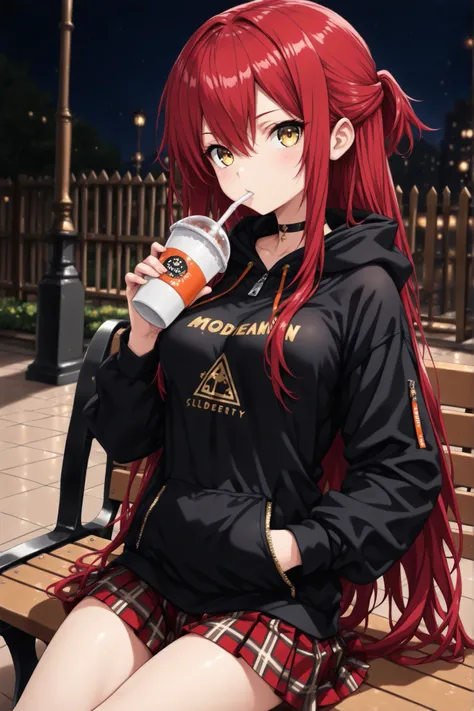 1 girl , golden eyes , very long hair , long sidelocks, red hair ,half updo, petite , very cute , beautiful ,Straight hair, cool, handsome, hair between eyes, sexy, medium breasts ,  drinking, print hoodie, black hoodie, hood down, black choker, zipper, lo...