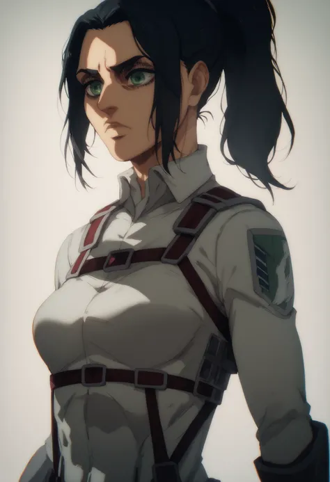 A girl character from attack on titans, long black hair, wavy ponytail, green eyes, gorgeous face. Soldier clothes, kind