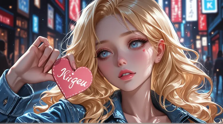 nixeu style, ringeko style, anime style, sakimichan style, realism (masterpiece, quality, 8K) (beautiful face, beautiful eyes, eyelashes) detailed, drawn. a girl with blue eyes, short wavy hair, blonde, in a denim jacket, is standing on the street, handing...