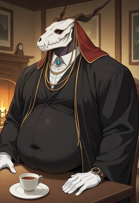 indoor, Living Room, from the side, tables, chair looking at the fireplace, cups of black tea, Retaining plate, Watch Viewers, solo, elias ainsworth, black robe, magician's robe, white shirt, white gloves, blue necklace, muscular, Male Focus, Detailed Back...