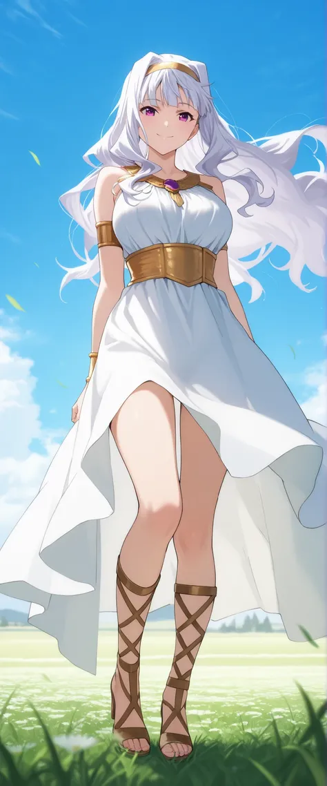 score_9 , score_8_up , score_7_up , source_anime ,1 girl, solo, Shijou Takane, white hair, long hair, purple eyes, (goddess cosplay), Gladiator sandal heels, thighs, smile quietly, (Facing the viewer, view audience), Hair blowing in the wind, (In the flowe...