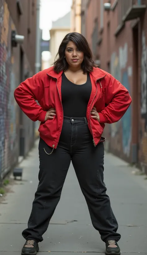 A confident, plus-size curvy woman with medium-length brown bob hair and light skin poses in an urban street setting, surrounded by graffiti-covered walls and city textures. She wears a casual oversized red jacket, worn black jeans, and chunky sneakers. He...