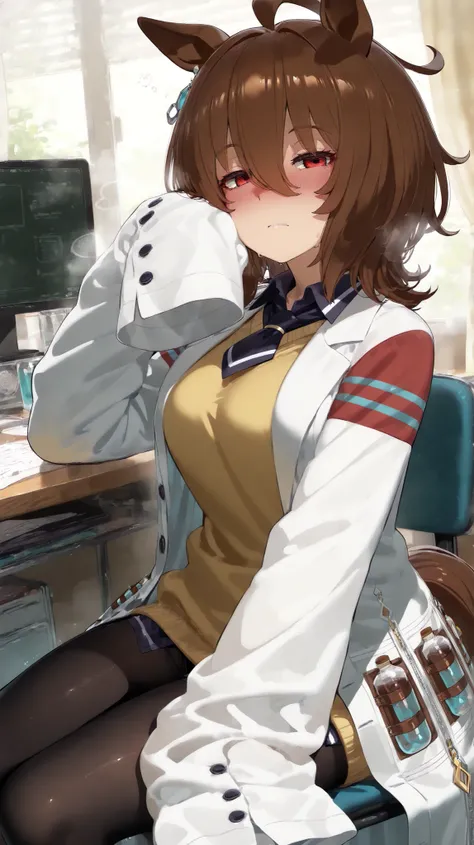 score_9, score_8_up, score_7_up, source_anime BREAK, high quality, 8k, usnr, Mizumizuni, 
agnes tachyon \(umamusume\), lab coat, tie, red strong eyes, ((sleeves past fingers:1.2)), (yellow sweater), pantyhose, mature girl, highlighten eyes, 
looking at vie...