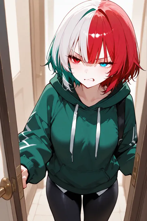 1 girl, on the doorway, annoyed face, 2 color hair half red and half white, heterochromia, front view, fit body,black  leggings, green hoodie.