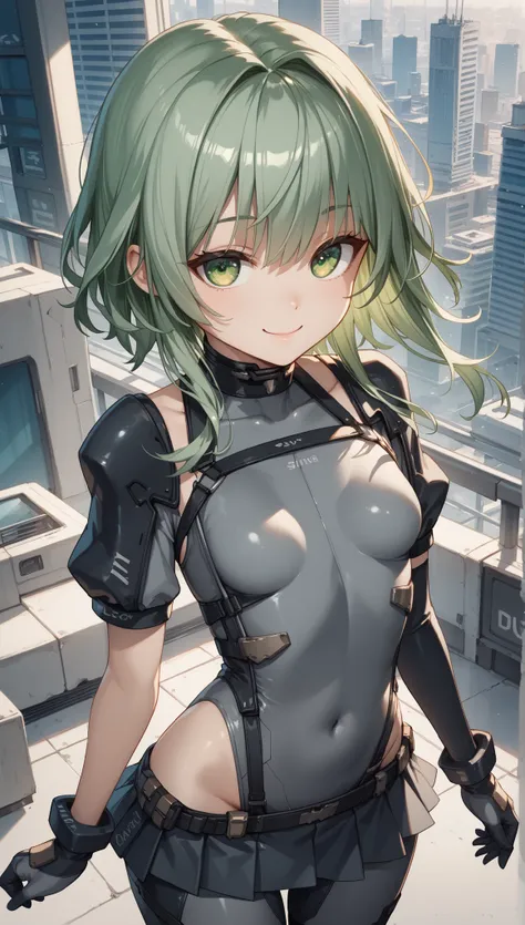  ung_girl, solo, long_shaggy_hair, green_hair, long_bangs,bare_shoulders,short sleeves, (thin_gray_bodysuit), black_harness, green eyes, very_short_front_cutout_skirt, dettached_long_sleeves,gloves, light_smile, in futuristic city, , high quality,crotch, s...