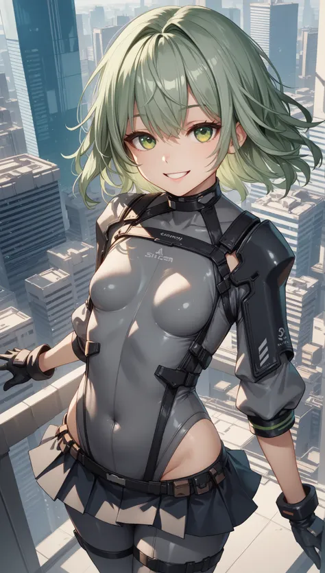 ung_girl, solo, long_shaggy_hair, green_hair, long_bangs,bare_shoulders,short sleeves, (thin_gray_bodysuit), black_harness, green eyes, very_short_front_cutout_skirt, dettached_long_sleeves,gloves, light_smile, in futuristic city, , high quality,crotch, s...