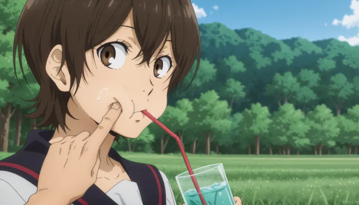(anime screencap, anime coloring:1.1) , MiwaB, brown hair, brown eyes, school uniform, looking at viewer, turning head, from the side, field, forest, blue sky, face focus, drinking, straw, detailed background, cheek poking , cheek press, pov hand,