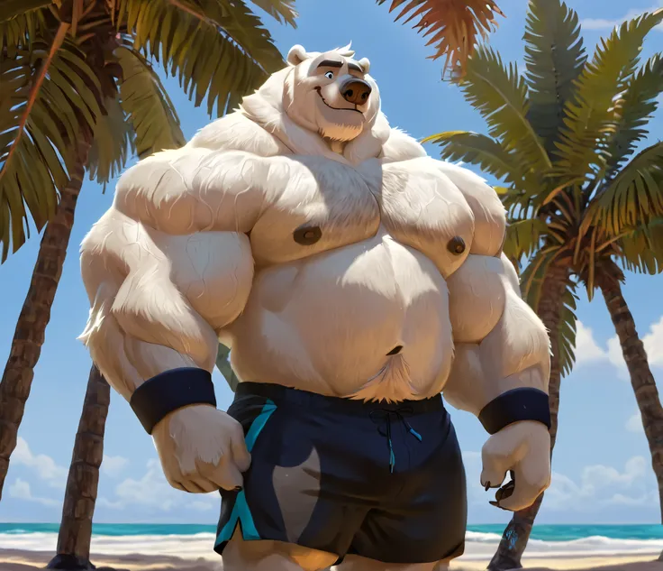 huge muscular polar bear in beach, big hulking flex, grunting smirk, polar bear, huge white fur, thick arm, huge arm, added bushy gray mustache and beard., short white hair, (veiny muscular, broad pectoral, wide pectoral, thick neck, thick arms), beach, pa...