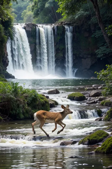 In an Indian jungle, waterfalls in the Faded Background, A Deer running, chased by a fierce Lion Leaping towards the Deer, From Front View 