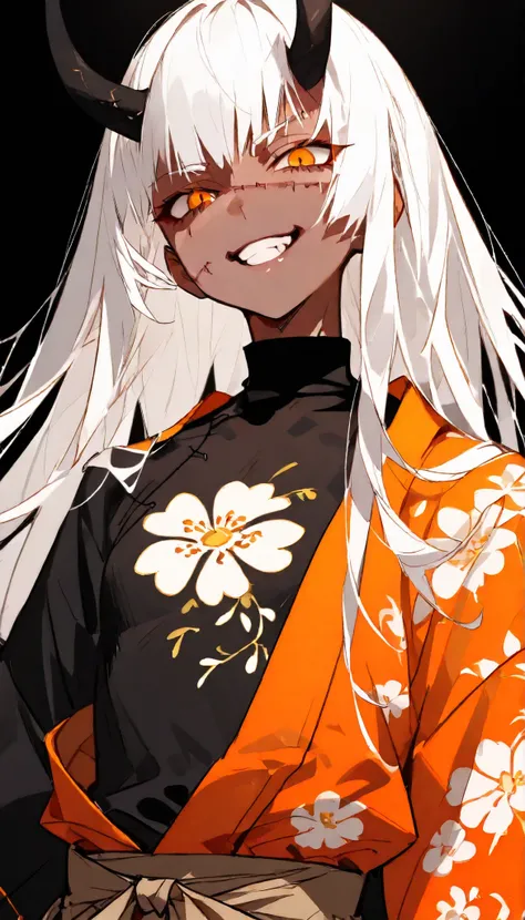 Alone ,Male,white hair,Dark skin,In the orange eyes, black horn,long hair,Stitches,Orange kimono,black shirt,HAKAMA PANTS,slim,Slender figure,smile,Grit your teeth,crazy,Pointy hair,Pointed eyes ,Murderer,Fierce face,Turtleneck,good figure,Floral shirt,bla...