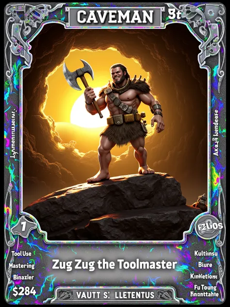A single “Caveman Card” featuring Zug Zug the Toolmaster, the rarest and most enlightened of the set. He stands tall atop a boulder, backlit by a glowing dawn, wielding a jagged stone axe like Excalibur. His expression is smugly wise, with one eyebrow rais...