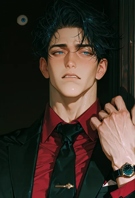 8k, beautiful masterpiece, 1 man, 32 years old male, mature, handsome, 187cm, Italian, frown, grimace, cold expression, manly face, sharp impression, alone, muscular, pectoral muscles, close, Focus on face, black suit with a red shirt and matching pocket s...