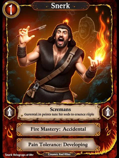 A single “Caveman Card” portraying Snerk, a clumsy cave-dweller frozen mid-panic as flames rise from the tip of his hair. One hand holds a burning stick with wonder, the other slaps at his smoking fur vest. His eyes are wide with a mix of terror and triump...