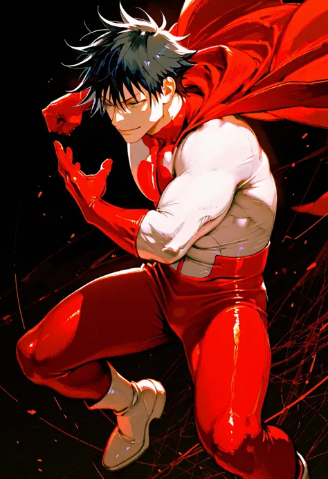 (masterpiece, best quality, high quality, highres, ultra-detailed), toji fushiguro,black hair,muscular male,pectorals,scar,scar on face , solo, 1boy, mature male, standing, smirk, simple background, black background, abstract background, dynamic pose, skin...