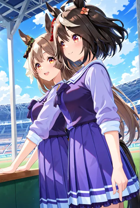 {{masterpiece}}}, {{{best quality}}}, {{ultra-detailed}}, {illustration}, 2 girls working stadium, \1girl is Kitasan Black\(umamusume),\ horse ears growing, horse tail growing, \2girl is Satono Diamond\(umamusume),\horse ears growing, horse tail growing,\w...