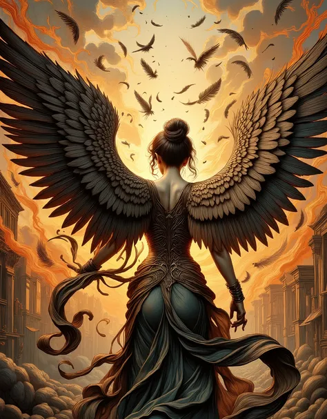 A back view of a woman with wings, wings growing out of her back, Large wings on her back flapping in the sky,Many feathers fluttering all over the screen,expressing strength and tension,The camera's gaze creates confidence and determination with the effec...