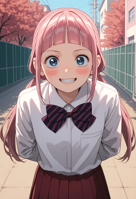 score_9, score_8_up, score_7_up, solo source_anime, makeruyadano, makeru yadano, long hair, bangs, ponytail, pink hair, twintails, blunt bangs, blue eyes, skirt, shirt, long sleeves, bow, school uniform, white shirt, pleated skirt, striped, collared shirt,...