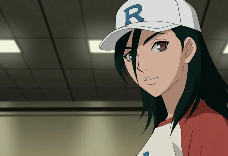 anime screencap,anime screenshot,minamimaho, raglan sleeves, baseball cap, looking at viewer,