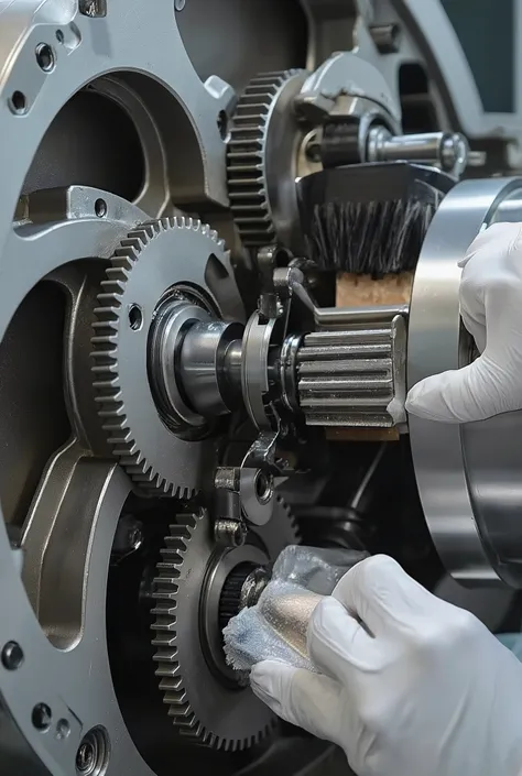 Close of the gear of an industrial process machine, Highlight on cleaning the machine.