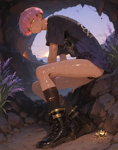  tanned  boy mixed-race black skinned skinny young boy with freckles, glowing clear glossy wet shiny skin, short spiky lavender and salmon pink hair , black trimmed undercut taper sides and back behind hair, and sky blue neon eyes, baggy combat gi shirt wi...