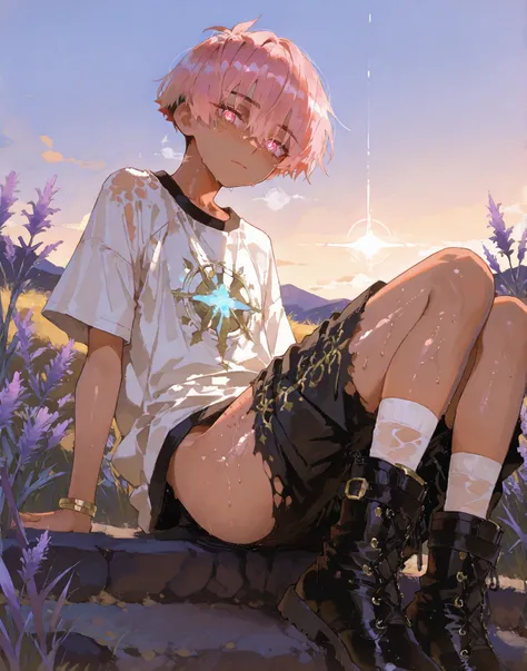 holographic, alternative artwork, exclusive colorways—. main character is  tanned  boy mixed-race black skinned skinny young boy with freckles, glowing clear glossy wet shiny skin, short spiky lavender and salmon pink hair , black trimmed undercut taper si...
