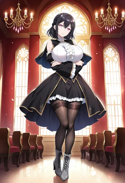 1girl, sole female, mature female, fair skin, head tilt, BREAK black hair, medium hair, smooth hair, crown braid, half up braid, sidelocks, blunt_sidelocks, bangs, long bangs, hair between eyes, hairclip, purple hairclip, BREAK red eyes, grey pupils , slit...