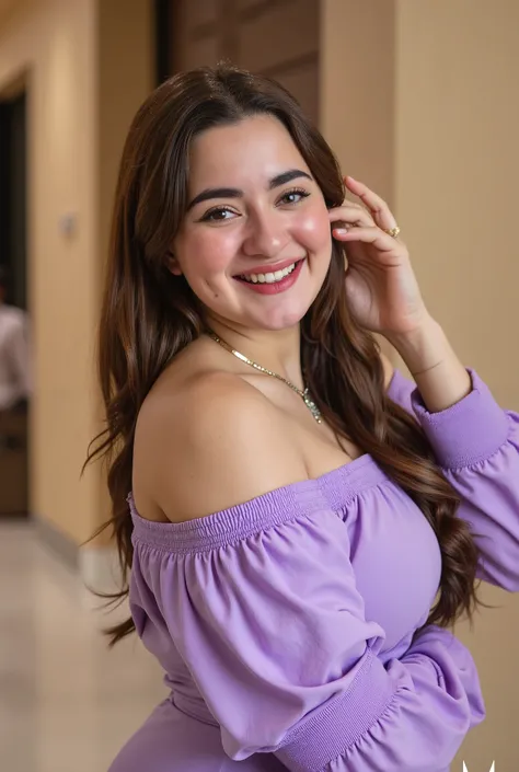 Female ((20year old)), hair ((long, wavy, brown)), eyes ((hazel, smart eyes)), clothes ((Polyester, off-shoulders, purple, light purple)), accessories ((hairband)), oppai, seductive smile, smiling, indoor , Hotel Reception, Day ambiance atmosphere , Ultra ...