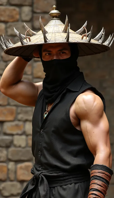 This image shows Henry Cavil as Kung Lao in Mortal Kombat, wielding his hat with characteristic blades. The background appears to be a brick or stone wall, suggesting an ancient or traditional setting. Let's break down the details: costume and hat : Kung ...