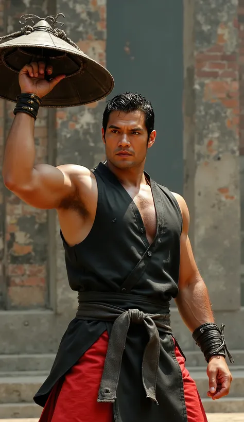 This image shows Max Huang as Kung Lao in Mortal Kombat, wielding his hat with characteristic blades. The background appears to be a brick or stone wall, suggesting an ancient or traditional setting. Let's break down the details: costume and hat : Kung La...