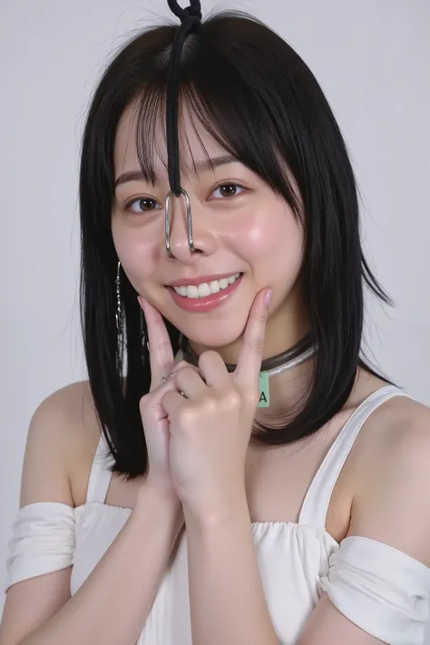 A high resolution photograph of a young Japanese woman, masterpiece, photo-realistic, natural lighting, film grain, portrait, fashion shoot, solo, 1girl, off-shoulder dress, black hair, tilted head, detailed face, detailed eyes, amber eyes, beautiful pupil...