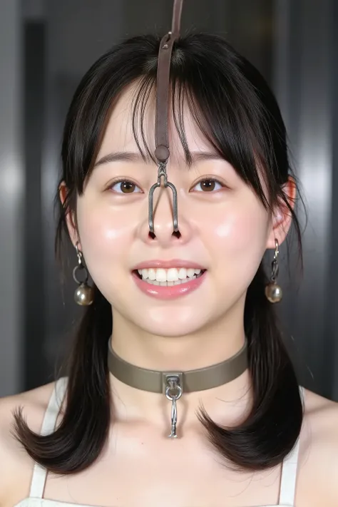 A high resolution photograph of a young Japanese woman, masterpiece, photo-realistic, natural lighting, film grain, portrait, fashion shoot, solo, 1girl, off-shoulder dress, black hair, tilted head, detailed face, detailed eyes, amber eyes, beautiful pupil...