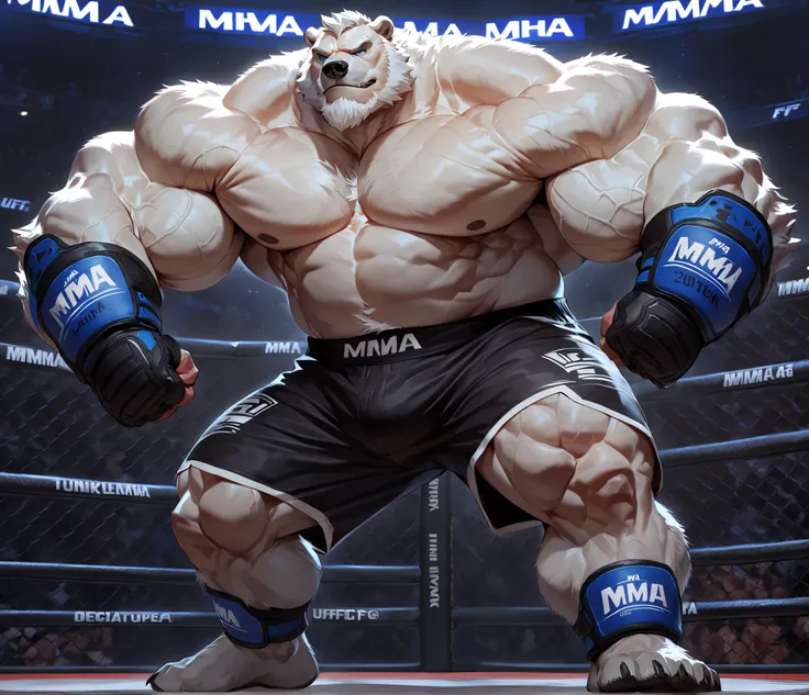huge muscular polar bear in MMA UFC Fighting Championship Tournament Arena, big hulking brute, grunting smirk, polar bear, huge white fur, thick arm, huge arm, added bushy gray mustache and beard, short white hair, (veiny muscular, broad pectoral, wide pec...