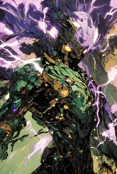 ((Titan Dragon)),(humanoid body ),green scales ,purple Lightning,cosmic aura 