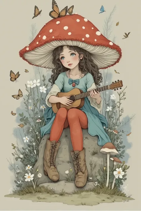 Digital art in the style of "Storybook".A young, thoughtful girl, probably with light brown curly hair, is perched on a rocky ledge of a cliff and playing a small guitar, She has fair skin and expressive light blue eyes, a dreamy look, expressive facial ex...