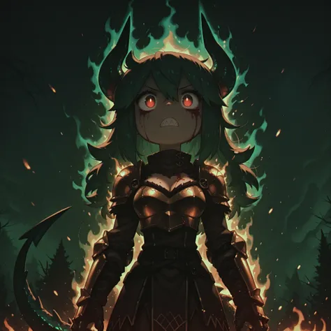 masterpiece, best quality, amazing quality, Anime Screencap. BREAK. 1girl, monster_girl, demon_girl, green_hair, long_hair, messy_hair, horns, curved_horns, yellow_horns, tail, spiked_tail, scales, green_scales, feathers, brown_feathers, glowing_eyes, red_...