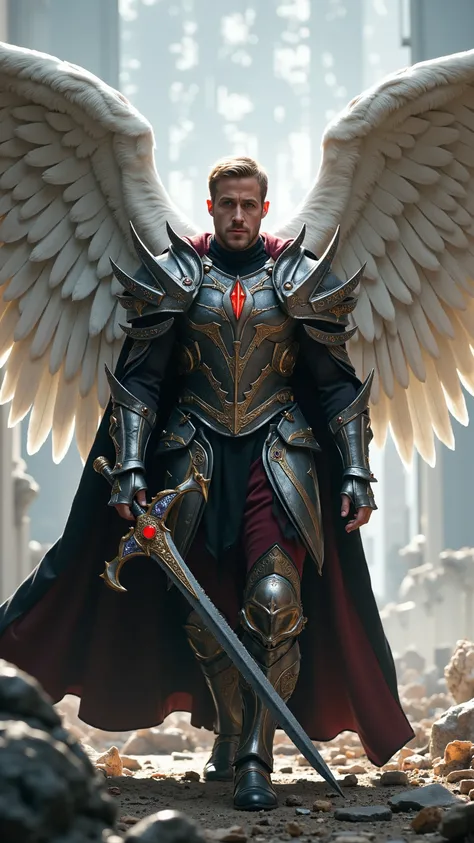 Ryan Gosling reimagined as a majestic angel Samael walking and holding a dark longsword with huge white angel wings with detailed feathers, 1 male, athletic body, tall height, short golden blond hair, fair skin with a faint bronze glow, strong jawline, int...