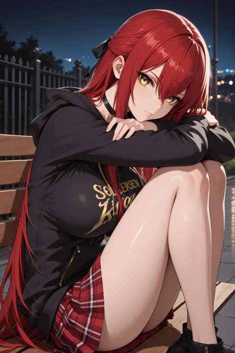 1 girl , golden eyes , very long hair , long sidelocks, red hair ,half updo, petite , very cute , beautiful ,Straight hair, cool, handsome, hair between eyes, sexy, large breasts , print hoodie, black hoodie, hood down, black choker, zipper, long sleeves, ...