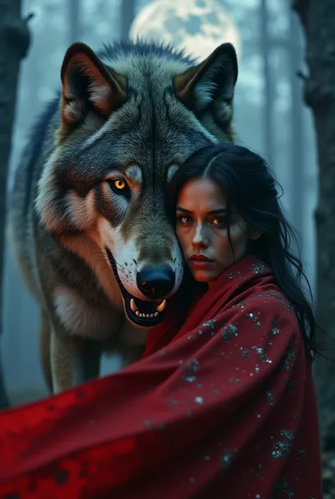 " a gigantic wolf , of tense muscles under a silvery-gray coat —each strand detailed with hyperrealistic precision— growls as its slime falls on a red layer of silk, that brutally envelops a woman with an incandescent gaze. She, of chiseled features like a...