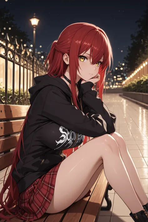 1 girl , golden eyes , very long hair , long sidelocks, red hair ,half updo, petite , very cute , beautiful ,Straight hair, cool, handsome, hair between eyes, sexy, large breasts , print hoodie, black hoodie, hood down, black choker, zipper, long sleeves, ...