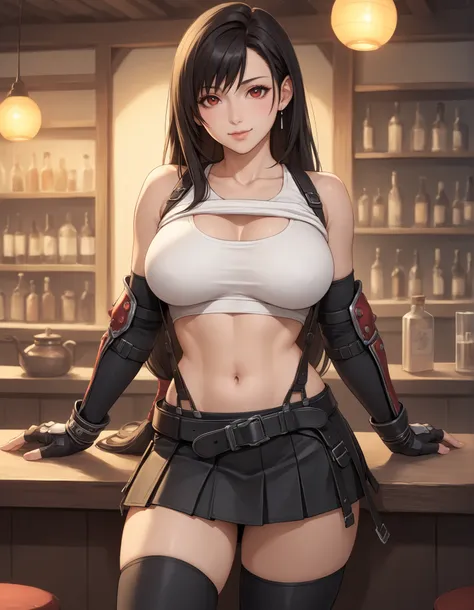 Izayoi Seishin artstyle, (score_9, score_8_up, score_7_up), (best quality, masterpiece),perfect anatomy,(aesthetic,very aesthetic),official style, (ultra-high resolution), 1girl, tifa lockhart, final fantasy,(beautiful woman).tareme, black hair, low-tied l...