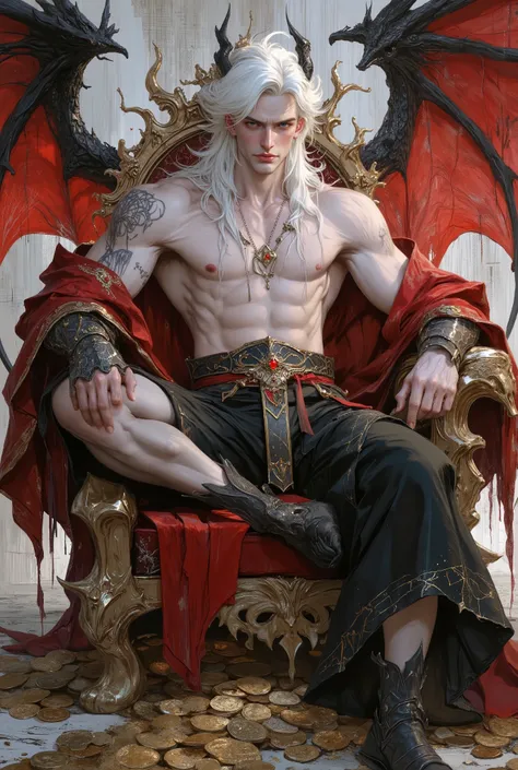 1 male with two hemipenises, Anime illustration semi-realism of Chinese human dragon hybrid male, crooked grin, smirk, semi realistic, shirtless, topless, without shirt, (((without pants, without trousers))), muscular, (((super broad shoulders, broad shoul...