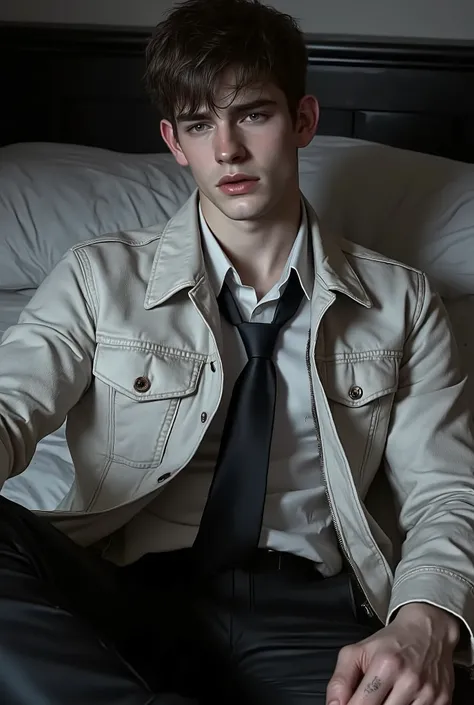 First person point of view, A handsome young man with short brunette hair, hazel eyes, On the bed, Sit-up position, wearing: The upper part of the outfit consists of a sharp mix of rugged and refined elements: a dirty white suede wrinkled zip-up jacket lay...