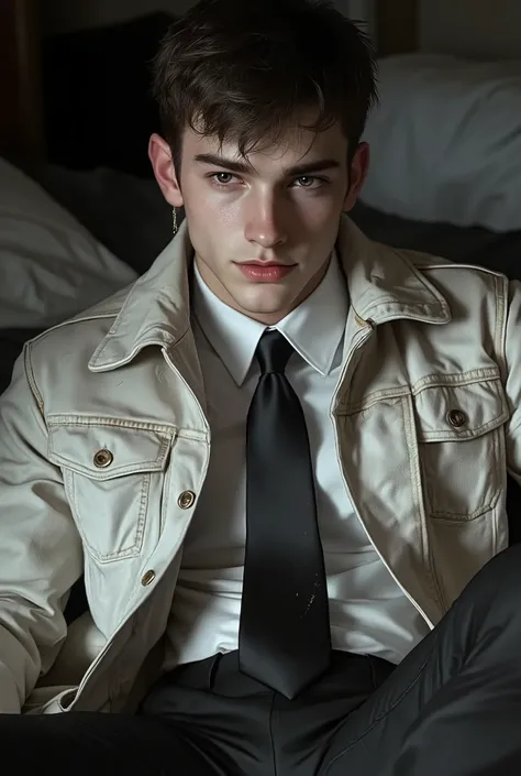 First person point of view, A handsome young man with short brunette hair, hazel eyes, On the bed, Sit-up position, wearing: The upper part of the outfit consists of a sharp mix of rugged and refined elements: a dirty white suede wrinkled zip-up jacket lay...
